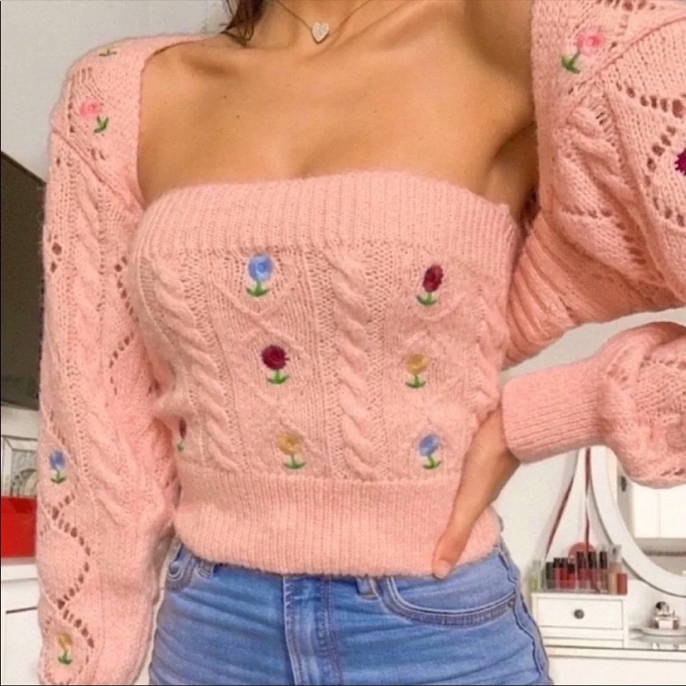 NWT ZARA | Pink Knit Embroidered Floral Bandeau Top women size Small